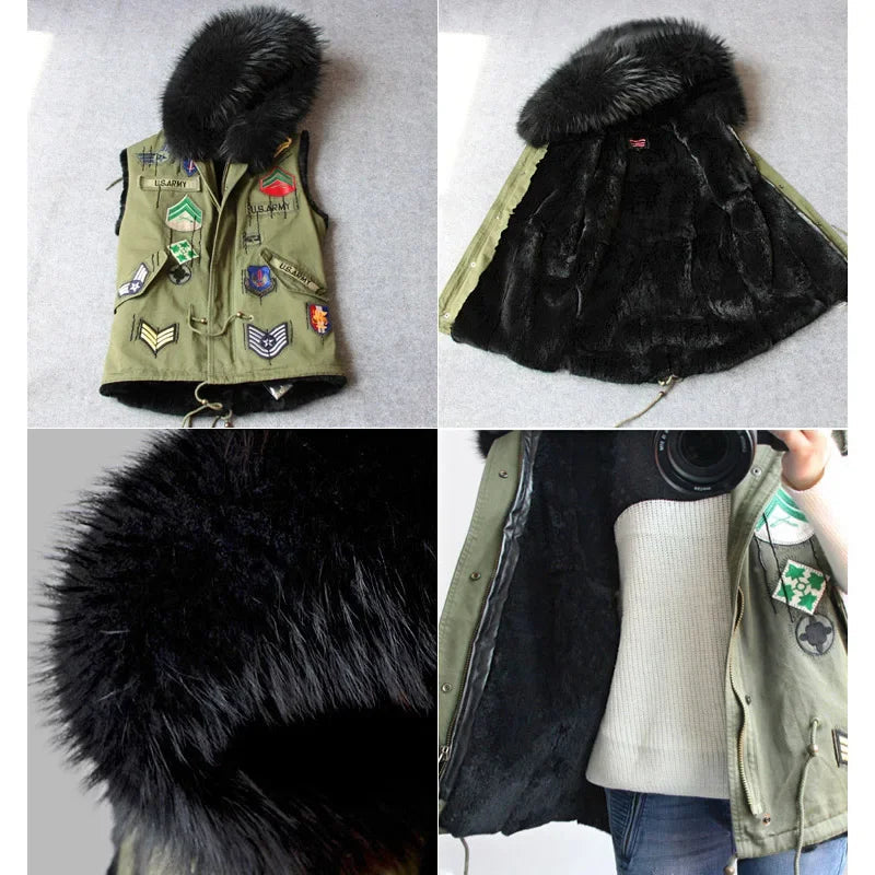 Women's Winter Raccoon Dog Fur Collar Embroidered Sleeveless Vest Jacket