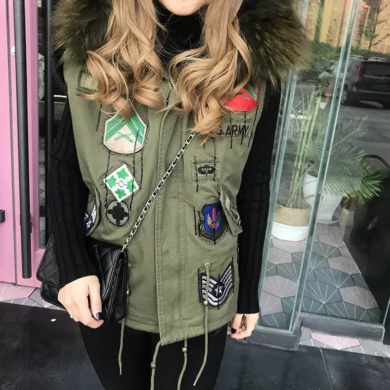 Women's Winter Raccoon Dog Fur Collar Embroidered Sleeveless Vest Jacket