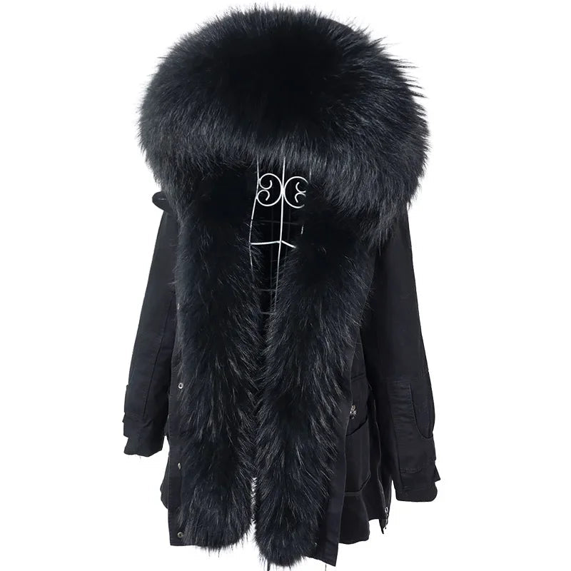 Women's Winter Warm Polyester Real Fox Fur Hooded Collar Jacket