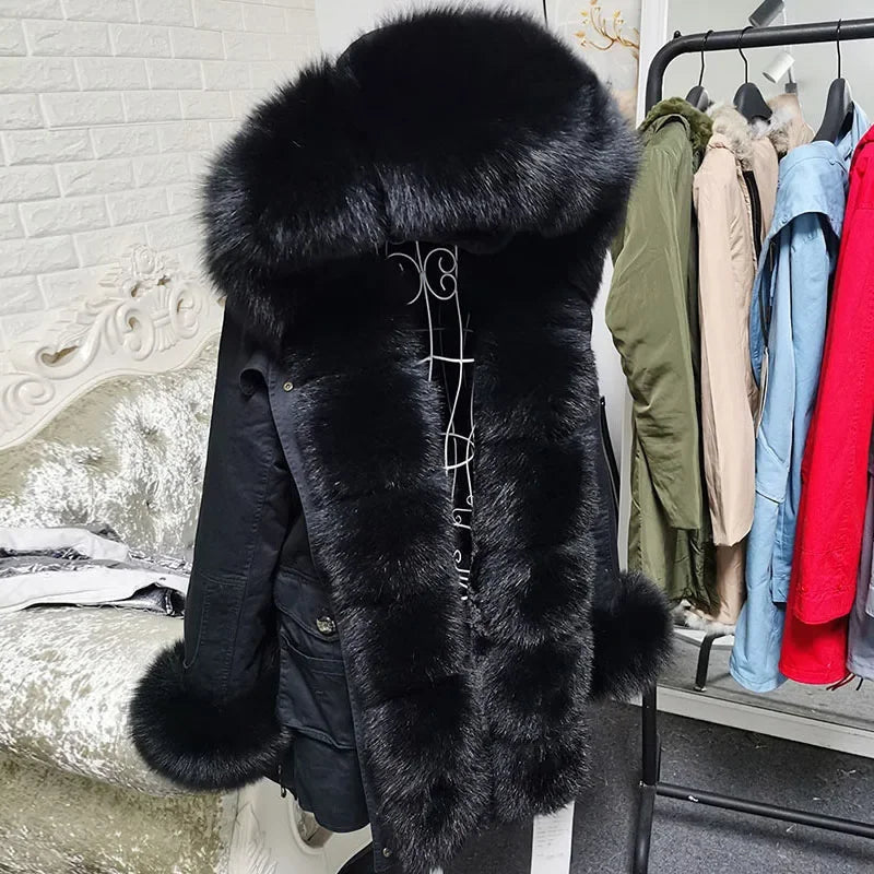 Women's Winter Warm Polyester Real Fox Fur Hooded Collar Jacket