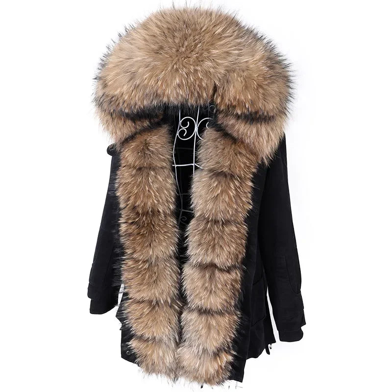 Women's Winter Warm Polyester Real Fox Fur Hooded Collar Jacket