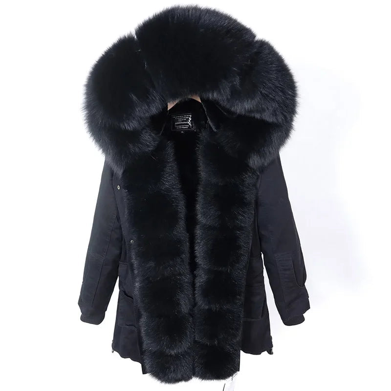 Women's Winter Warm Polyester Real Fox Fur Hooded Collar Jacket