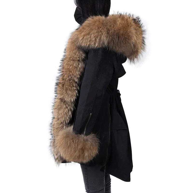 Women's Winter Warm Polyester Real Fox Fur Hooded Collar Jacket