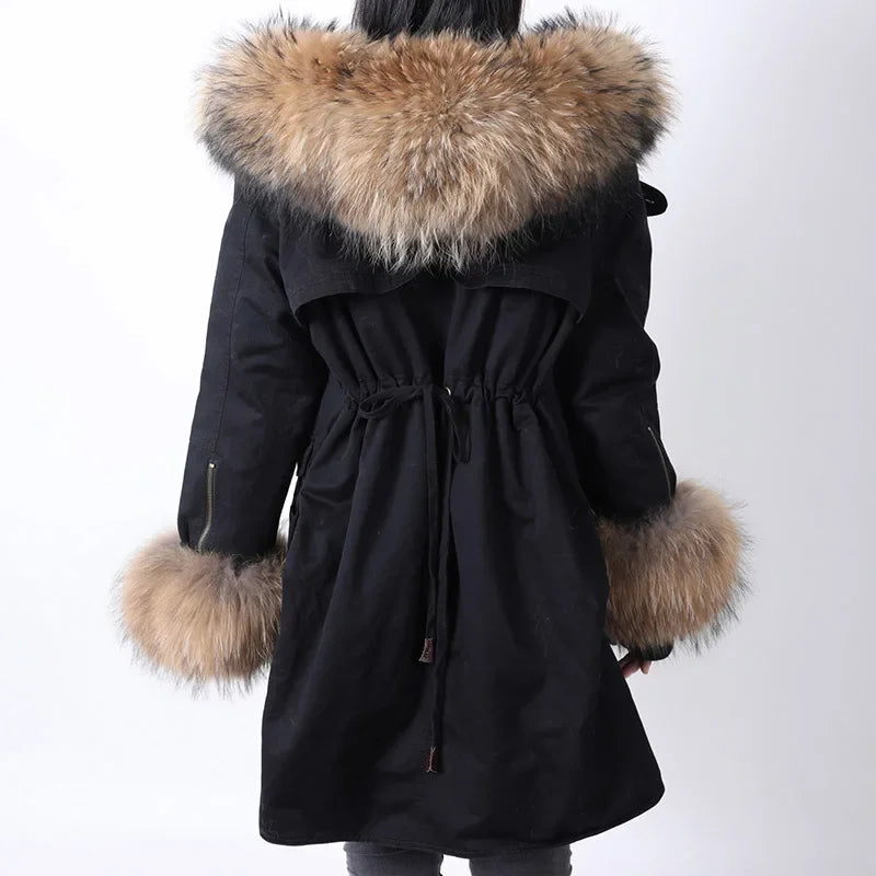 Women's Winter Warm Polyester Real Fox Fur Hooded Collar Jacket