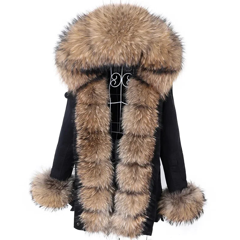 Women's Winter Warm Polyester Real Fox Fur Hooded Collar Jacket