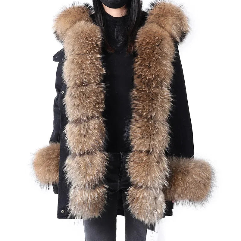 Women's Winter Warm Polyester Real Fox Fur Hooded Collar Jacket