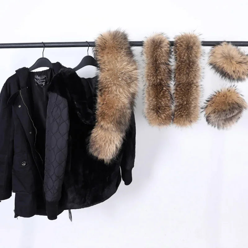 Women's Winter Warm Polyester Real Fox Fur Hooded Collar Jacket