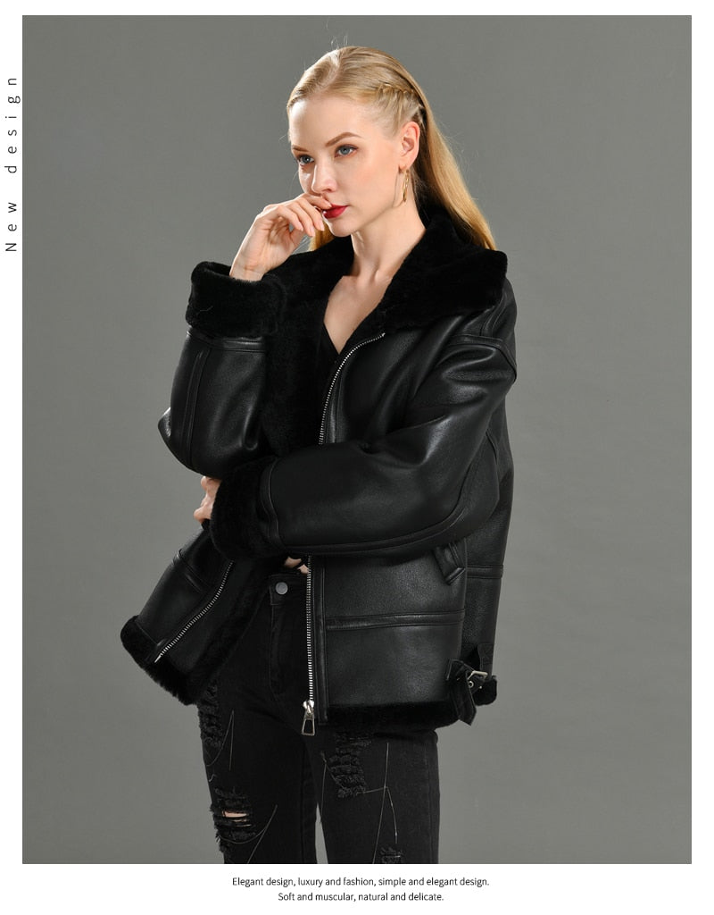 Women's Winter Warm Real Lamb Wool Loose Motorcycle Streetwear Jacket