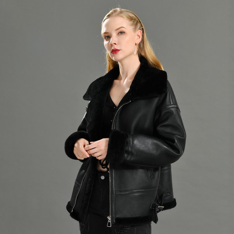 Women's Winter Warm Real Lamb Wool Loose Motorcycle Streetwear Jacket