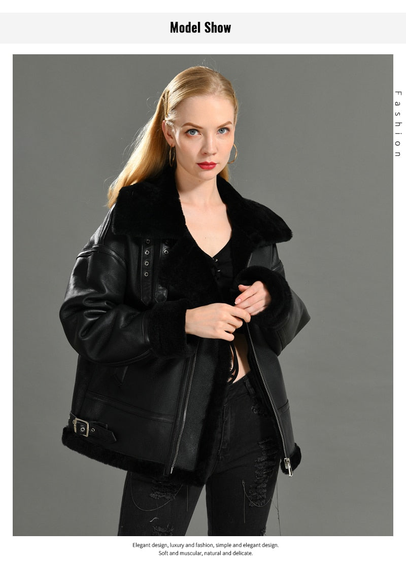 Women's Winter Warm Real Lamb Wool Loose Motorcycle Streetwear Jacket